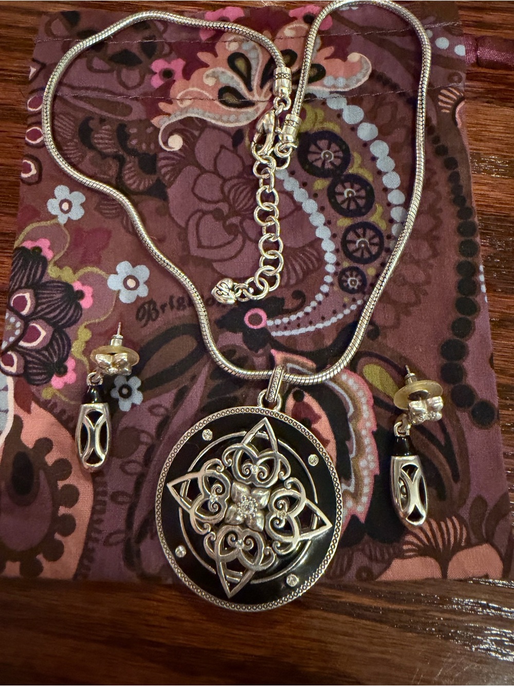 Brighton Black and Silver Filigree Pendant Necklace with Matching Earrings